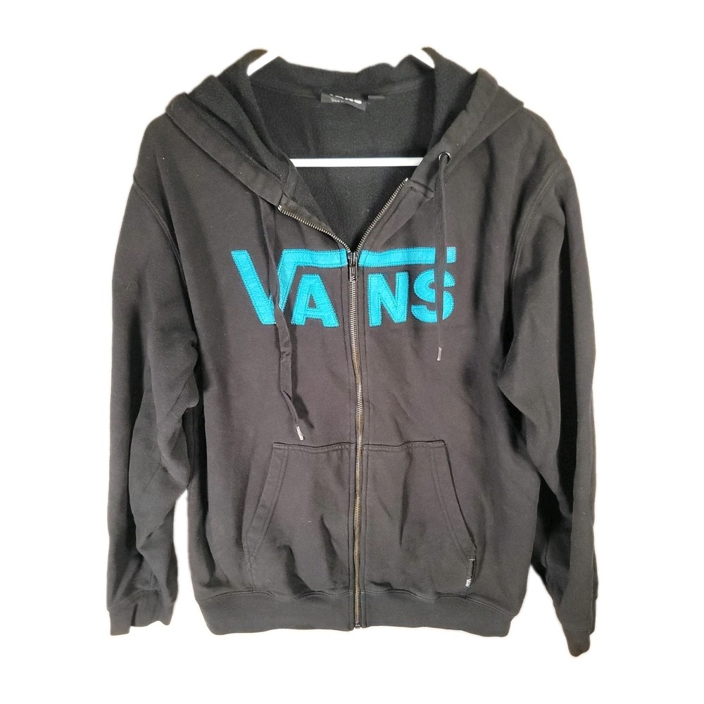 Vans Classic Logo Zip Hoodie Mens M Black Teal Blue Fleece Skate Sweatshirt M